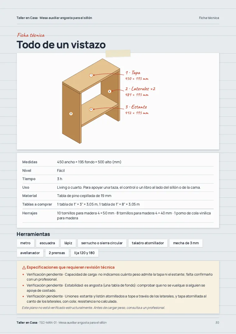Página real: ficha técnica de la mesa auxiliar con notas a mano